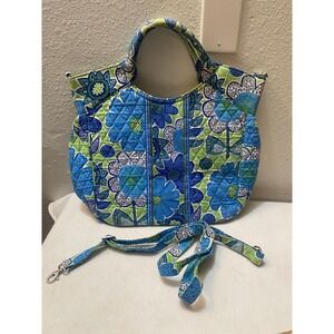 Vera Bradley Glenna Satchel Women Blue Green Floral Quilted Cotton
